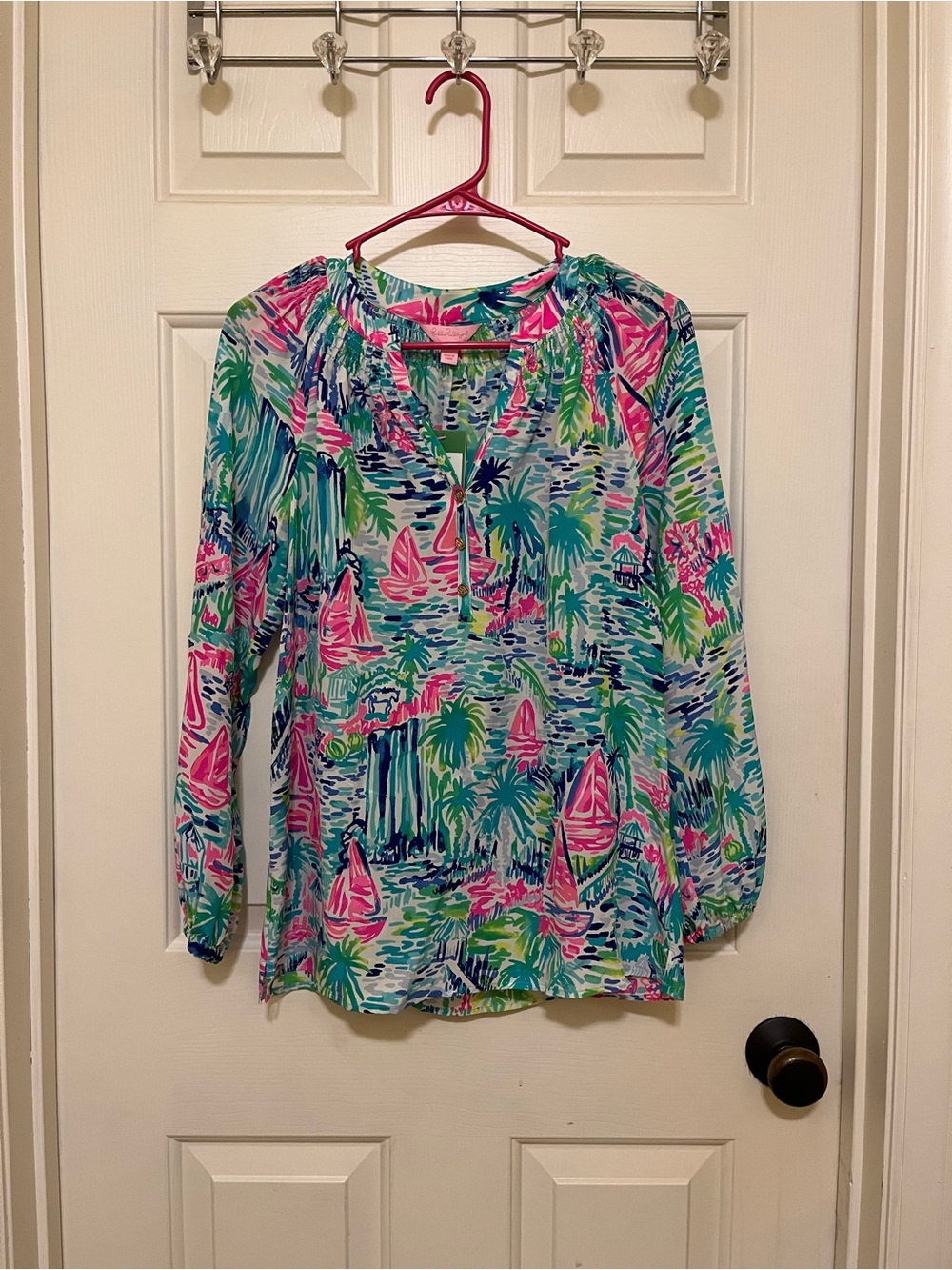 Lilly Pulitzer Multicolor Sailboat & Palm Peasant Blouse